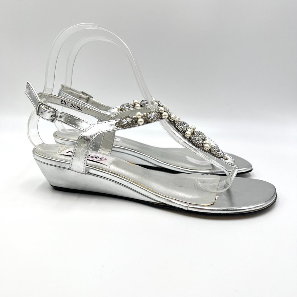 6.5W 6.5 WIDE Dyeables Silver Jeweled T-Strap‎ Low Wedge Dress Sandals Shoes